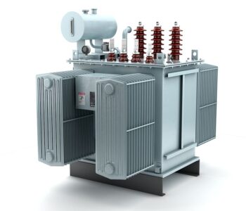 3D illustration of high voltage transformer on white background.